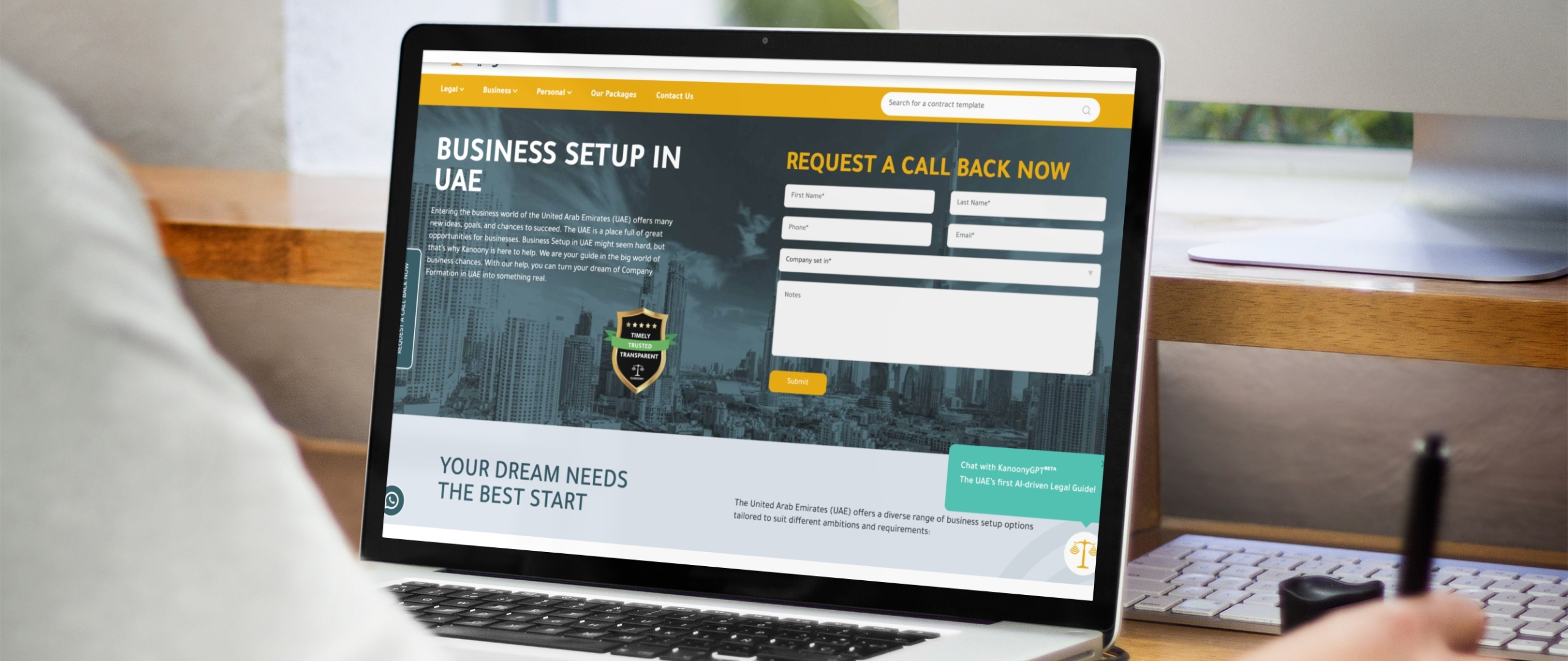 Kanoony Business Setup in UAE page with consultation request form